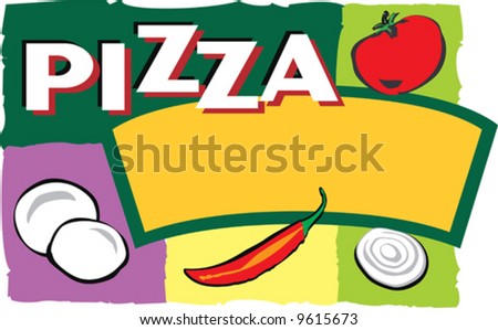 A pizza insignia clipart depicting ingredients and plates with an empty space for further text.