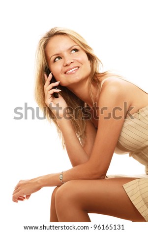 Beautiful caucasian woman using cell phone and looking up isolated on white background