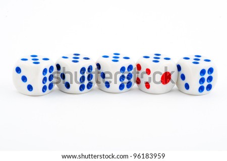 dice with blue and red dots on a white background