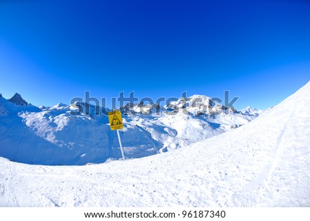 sign board at High mountains under fresh snow in the winter  season