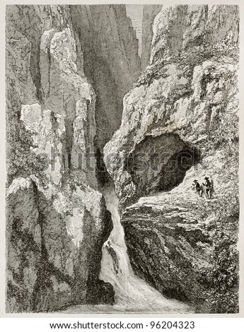 Edelfrauengrabe waterfalls old view, Black Forest, Germany. Created by Stroobant, published on Le Tour Du Monde, Paris, 1867
