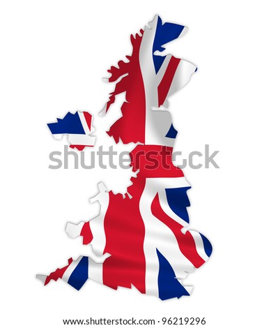 United Kingdom map on a waving flag