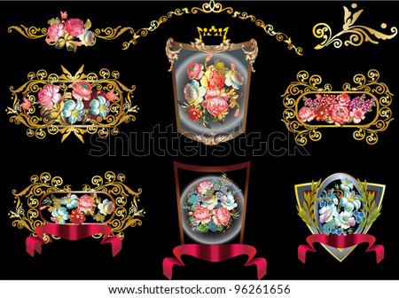 illustration with set of flower decorations in golden frames