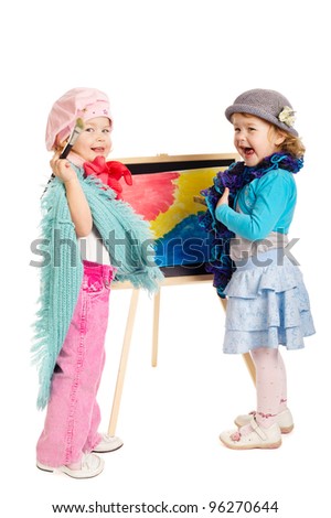 two little funny twins painters isolated on white