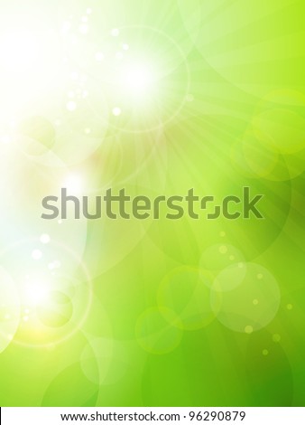 Abstract green blurry background with overlying semitransparent circles, light effects and sun burst. Great spring or green environmental background. Space for your text.  Vector available in my port.