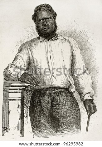 Chatton old engraved portrait (Kanak native's school teacher in Noumea, New Caledonia). Created by Loudet after photo by unknown author, published on Le Tour Du Monde, Paris, 1867