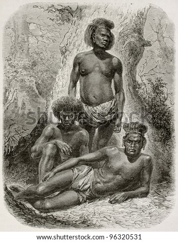 Loyalty islands natives old illustration. Created by Neuville after photo of unknown author, published on Le Tour Du Monde, Paris, 1867