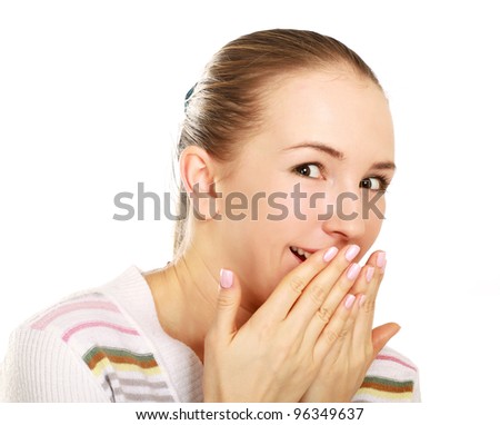 A young emotional girl, isolated on white, closeup