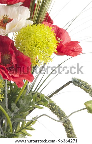bouquet of red and white poppies with herb on isolated background