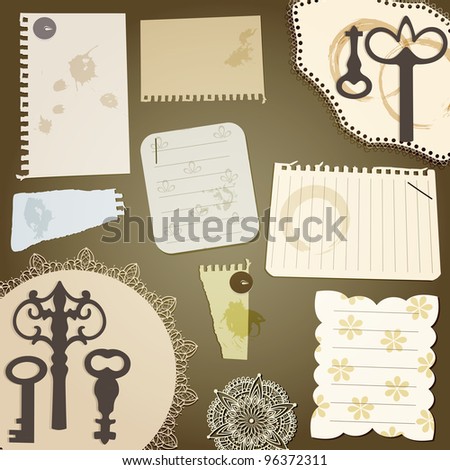 vector scrapbook design elements: vintage key, torn pieces of paper, splashes of coffee, napkins