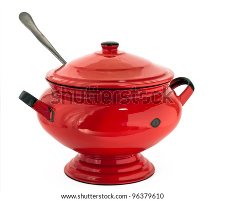 Red antique enamel soupe tureen Royalty-Free Stock Photo #96379610
