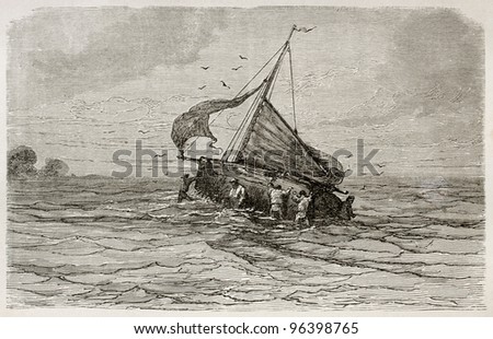 Sloop Santa Marta ship grounding in Limoeiro bay, Brazil. Created by Riou, published on Le Tour du Monde, Paris, 1867