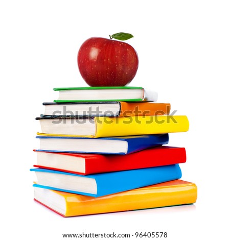 Books tower with apple isolated on white Royalty-Free Stock Photo #96405578