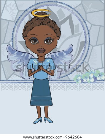 Mandy is a fun character illustration of an African American Angel Praying.