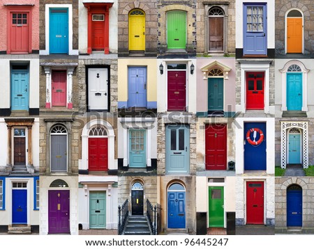 A photo collage of 32 colourful front doors to houses and homes Royalty-Free Stock Photo #96445247