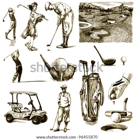 hand-drawn images - collection - " ON THE GOLF " - drawing a hard-tip marker - vintage variation in brown-black