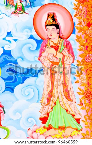 Painting Chinese style in Thailand Temple that there are a lot Story of gods on the wall