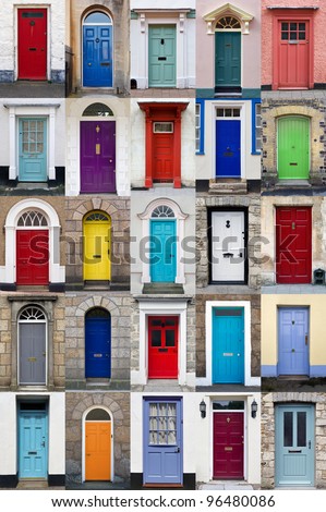 A photo collage of 25 colourful front doors to houses and homes