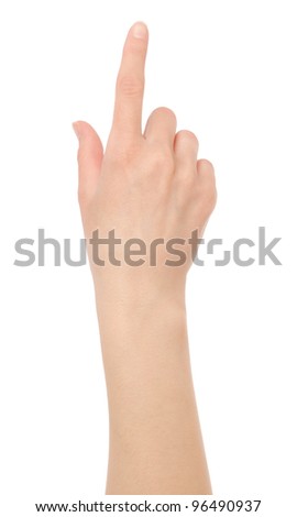 Woman hand touching virtual screen. Isolated on white. Royalty-Free Stock Photo #96490937