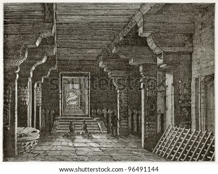 Chidambaram pagoda interior, India. Created by Clerget, published on Le Tour du Monde, Paris, 1867