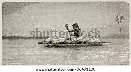 Man floating on a raft in Tigris river, old illustration. Created by Neuville after Lejean, published on Le Tour du Monde, Paris, 1867