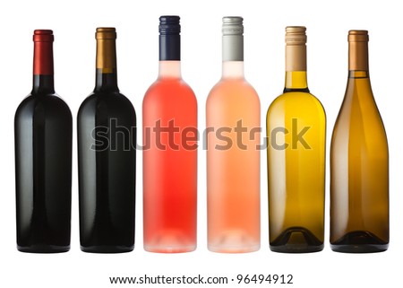 A large mix of wine bottles isolated on white with clipping path. Royalty-Free Stock Photo #96494912