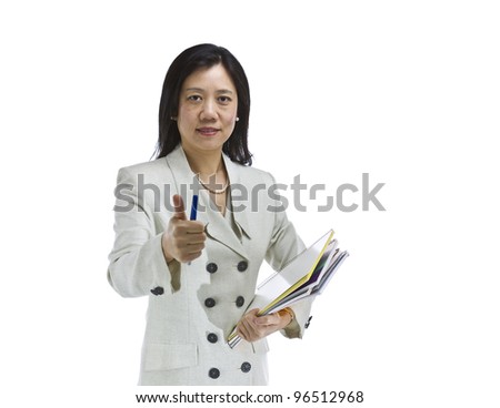 Asian woman dressed in business formal white suit giving thumbs up sign on white background