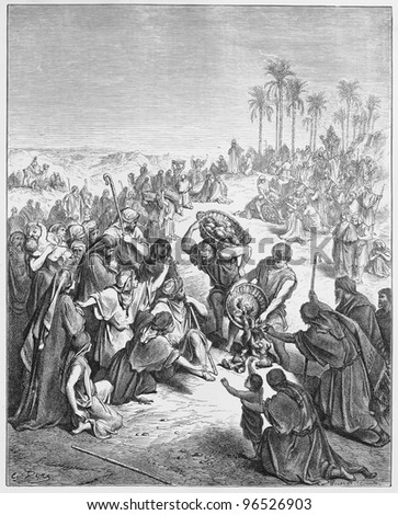 Jesus feeds the people - Picture from The Holy Scriptures, Old and New Testaments books collection published in 1885, Stuttgart-Germany. Drawings by Gustave Dore.