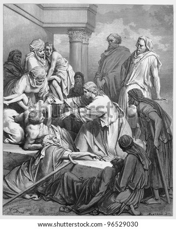 Jesus healing in the land of Gennesaret - Picture from The Holy Scriptures, Old and New Testaments books collection published in 1885, Stuttgart-Germany. Drawings by Gustave Dore.