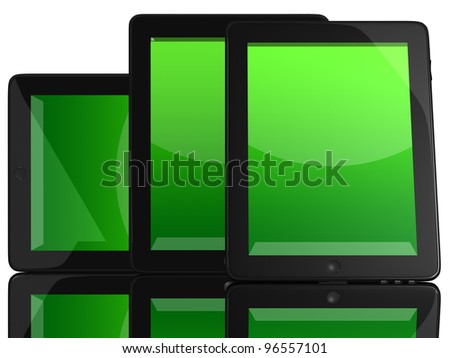 Group of Tablet Computers with green screen isolated on white