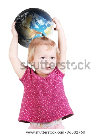 Cute little baby with ball of Earth in her hands over white background