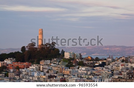 San Francisco and Coit Tower at Sunset, from Nob Hill