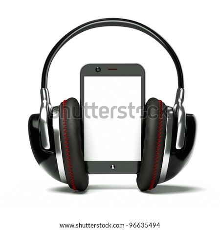 a creative cellphone with headphones isolated on white, portable audio concept