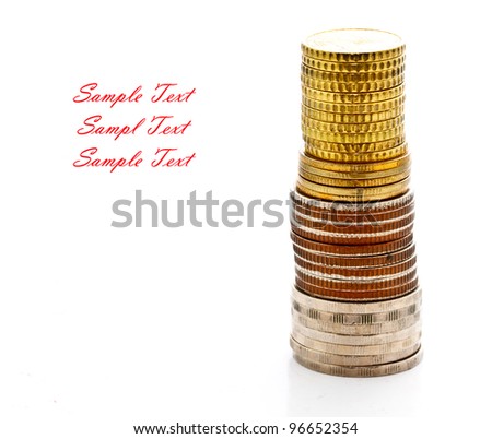 tower of coins on white background
