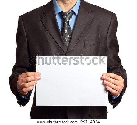 Young businessman with blank board. Isolated on white