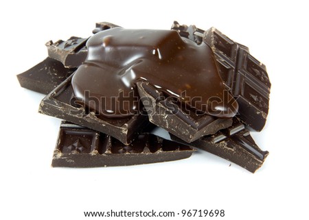 A picture of some broken chocolate pieces with some melted chocolate