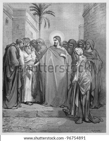 Jesus Christ and the Tribute Money - Picture from The Holy Scriptures, Old and New Testaments books collection published in 1885, Stuttgart-Germany. Drawings by Gustave Dore.