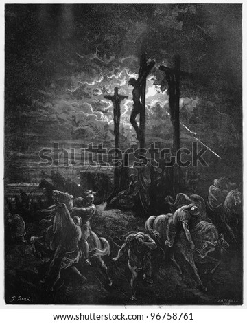 Darkness at the Crucifixion - Picture from The Holy Scriptures, Old and New Testaments books collection published in 1885, Stuttgart-Germany. Drawings by Gustave Dore.