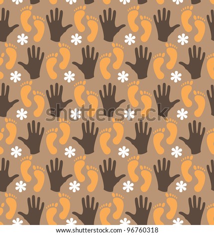 Flowers, hands and legs on brown background - seamless pattern