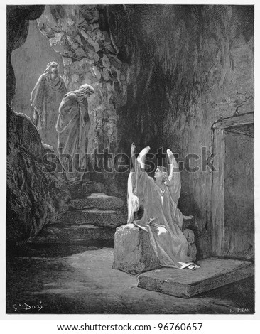 An angel announces to the women that Jesus has risen - Picture from The Holy Scriptures, Old and New Testaments books collection published in 1885, Stuttgart-Germany. Drawings by Gustave Dore.