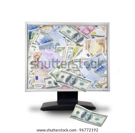 Internet money concept. Computer monitor with money. Online e-commerce. On blue background.
