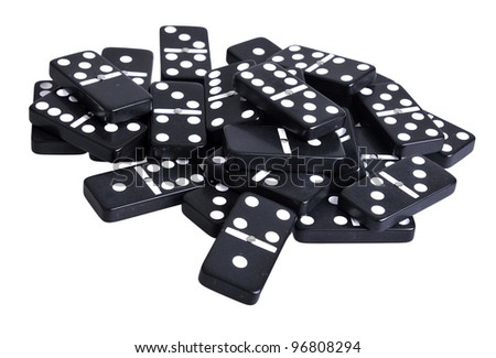 Heap of black domino tiles. Isolated on white