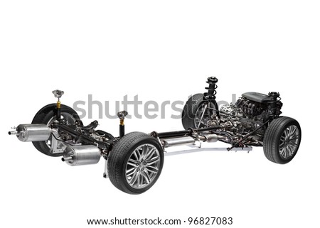 Car chassis with engine. Image of car chassis with engine isolated on white. Royalty-Free Stock Photo #96827083