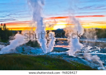 Spectacular Shot of Norris Geyser Basin after sunset Royalty-Free Stock Photo #96828427