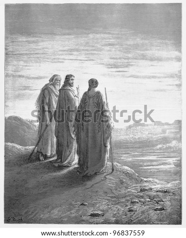 The disciples encounter Jesus on the road to Emmaus - Picture from The Holy Scriptures, Old and New Testaments books collection published in 1885, Stuttgart-Germany. Drawings by Gustave Dore.