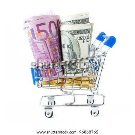 Shopping cart full of money (dollar, euro and gold ) isolated on white. Multi currency basket concept