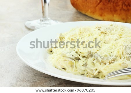 Chicken Tetrazzini. Spaghetti with chicken, mushrooms and fresh grated parmesan cheese.