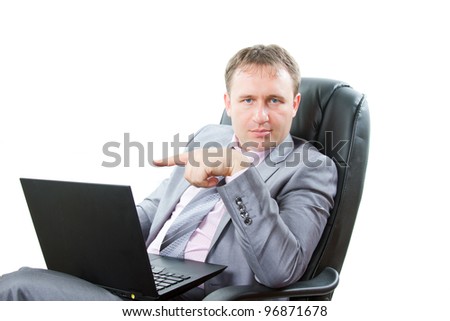 successful man with modern laptop showing thumbs up business on white background.