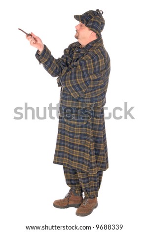 Male police officer dressed up as Sherlock Holmes investigating crime scene, white background