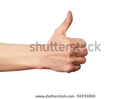Closeup of male hand showing thumbs up sign against white background Royalty-Free Stock Photo #96934004